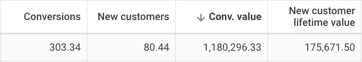 A screenshot of how new customer acquisition appears in Google Ads performance reporting